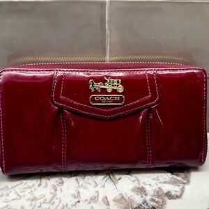 Coach Madison Pleated Patent Leather Accordion Zip Wallet Deep Red color